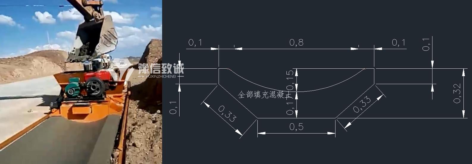 淺碟型水溝成型機(jī)現(xiàn)場(chǎng)和尺寸